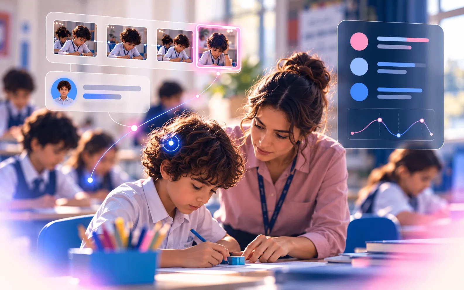A teacher in a soft-pink shirt supports a student at his desk, with a timeline strip and baseline chart