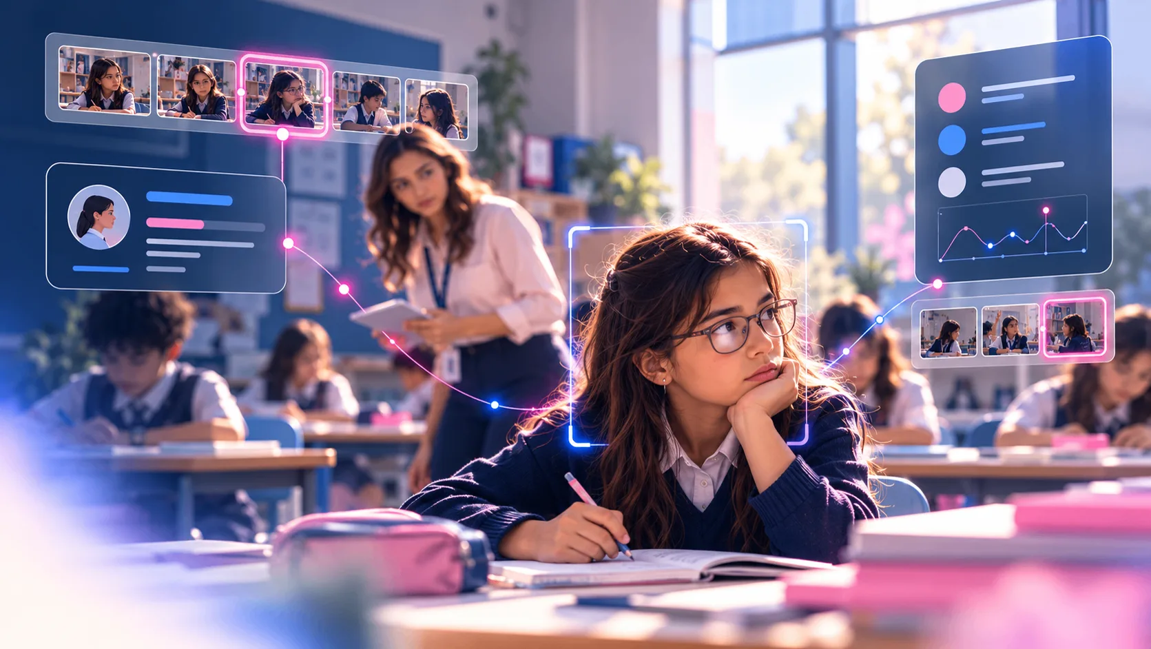 A student pauses at her desk, with recent moments compared to her own baseline