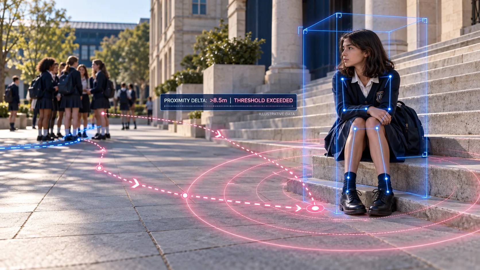 A student sits alone on school steps while peers talk nearby, with proximity rings and a distance panel