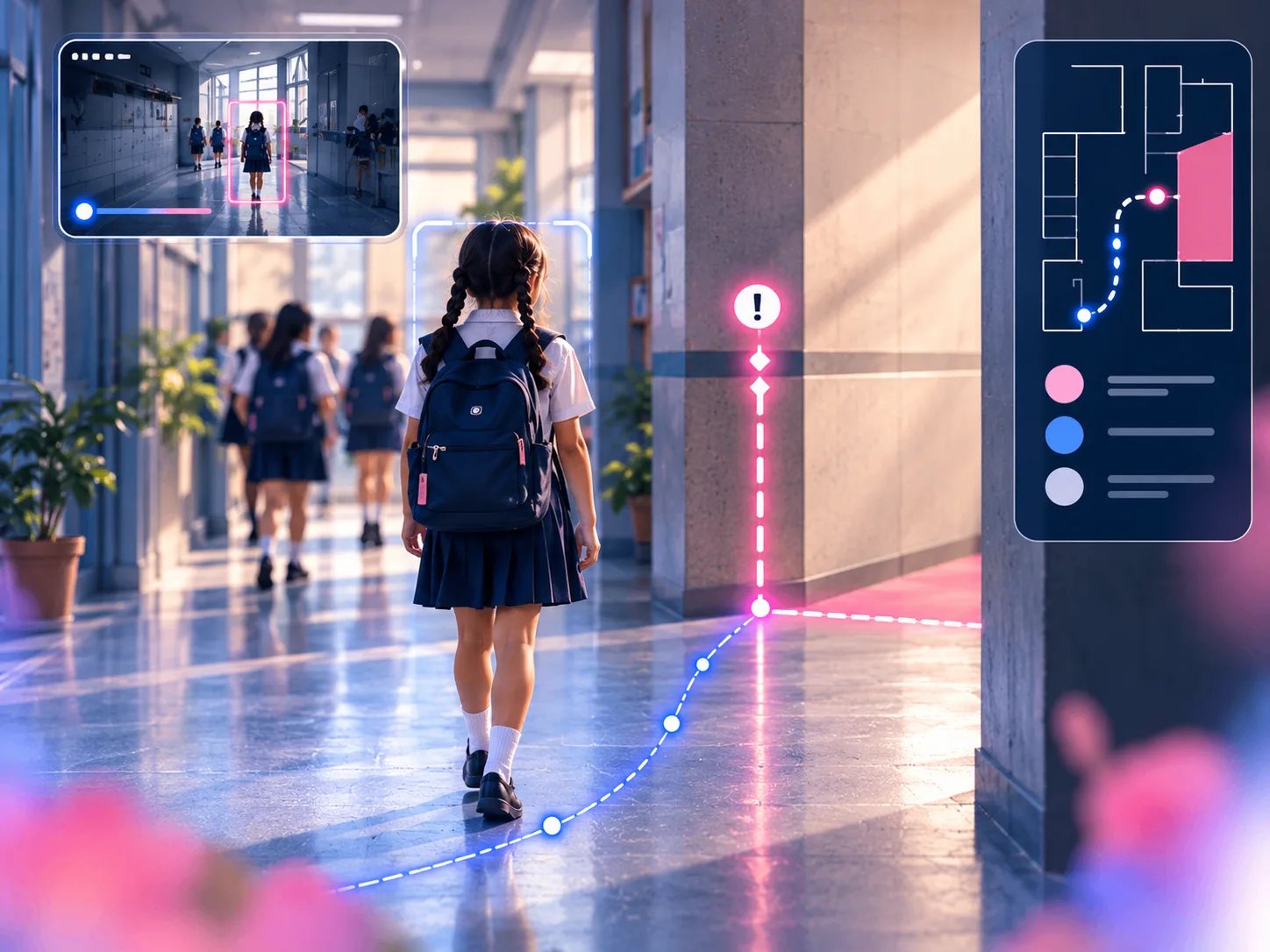 A student walks down a school corridor toward an unseen corner, with a route line and floor map