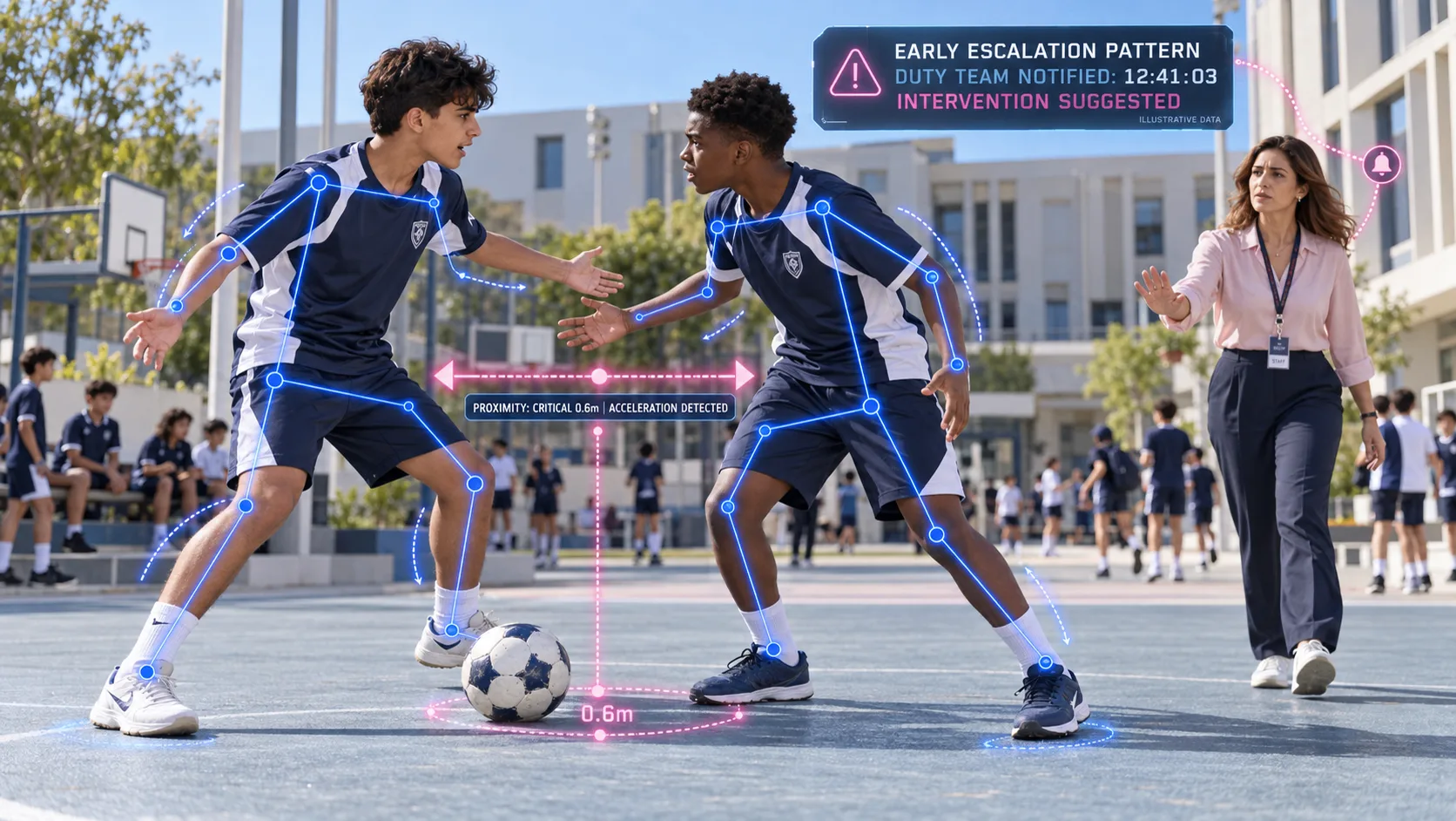 Two students on a sports court with pose-estimation lines while a staff member approaches